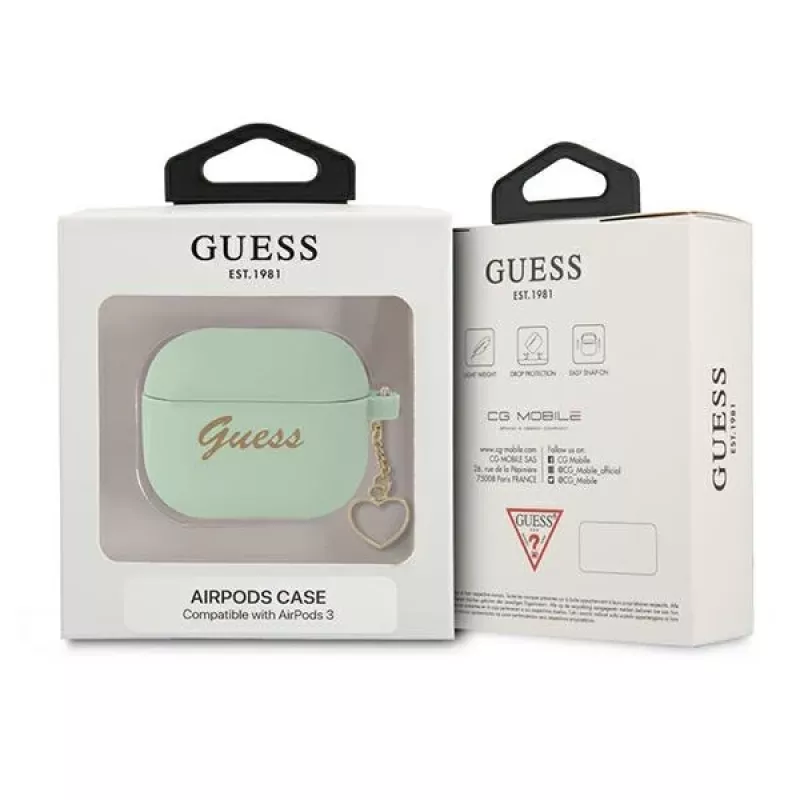 Guess GUA3LSCHSN AirPods 3 -kotelo, vihreä silikoni, Charm Heart Collection