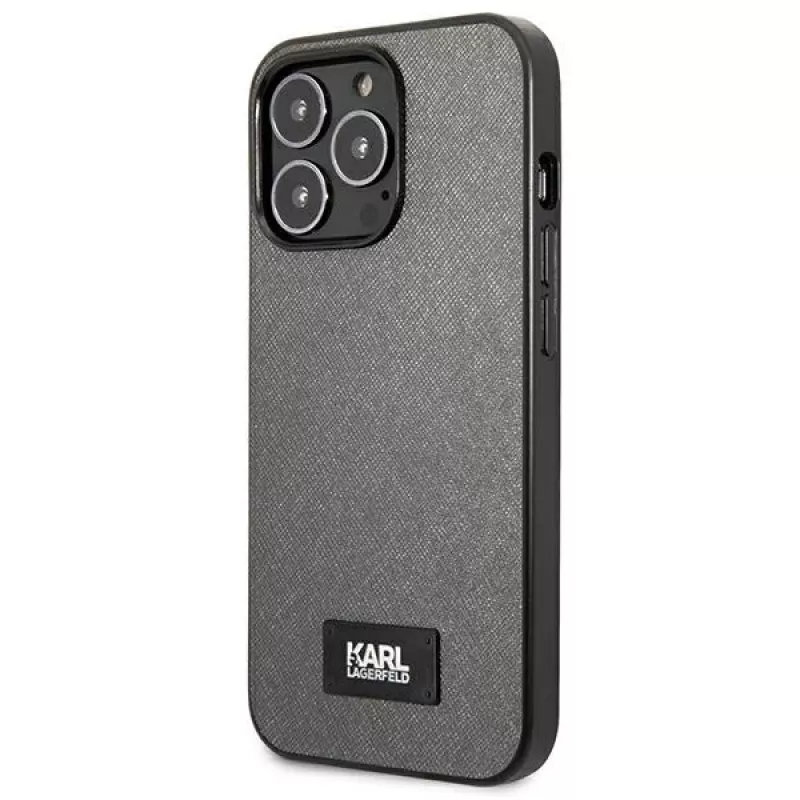 Karl Lagerfeld KLHCP13LSFMP2DG Saffiano Plaque -kova kotelo iPhone 13 Pro / 13 6,1 inch -puhelimeen, hopea
