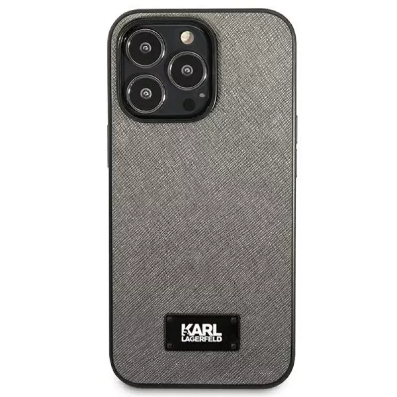 Karl Lagerfeld KLHCP13LSFMP2DG Saffiano Plaque -kova kotelo iPhone 13 Pro / 13 6,1 inch -puhelimeen, hopea