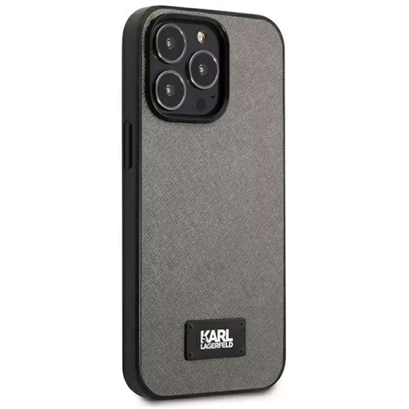 Karl Lagerfeld KLHCP13LSFMP2DG Saffiano Plaque -kova kotelo iPhone 13 Pro / 13 6,1 inch -puhelimeen, hopea