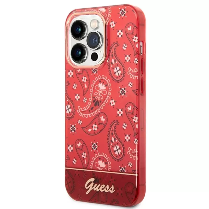 Guess GUHCP14LHGBNHR kova kotelo Bandana Paisley Apple iPhone 14 Pro 6,1 inch punainen