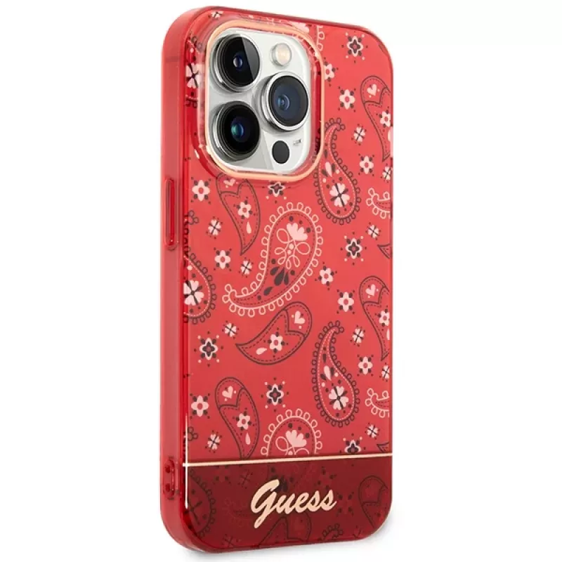 Guess GUHCP14LHGBNHR kova kotelo Bandana Paisley Apple iPhone 14 Pro 6,1 inch punainen