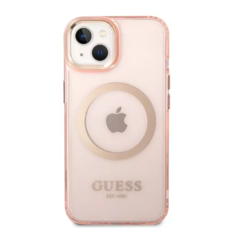 Guess Gold Outline Translucent MagSafe kova kotelo iPhone 13/14/15 6,1