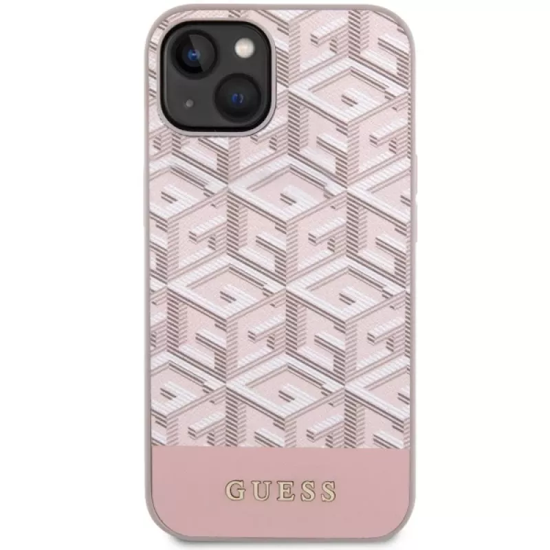GUESS iPhone 13/14/15 pinkki kova kotelo GCube Stripes MagSafe
