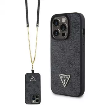 GUESS PU 4G Strass Triangle Metal -kotelo ja hihna iPhone 15 Pro musta
