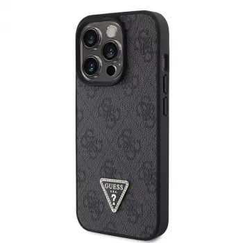 GUESS PU 4G Strass Triangle Metal -kotelo ja hihna iPhone 15 Pro musta