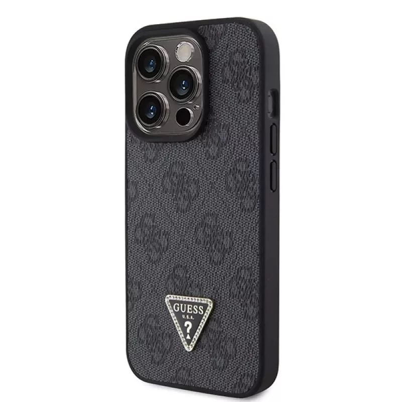 GUESS PU 4G Strass Triangle Metal -kotelo ja hihna iPhone 15 Pro musta