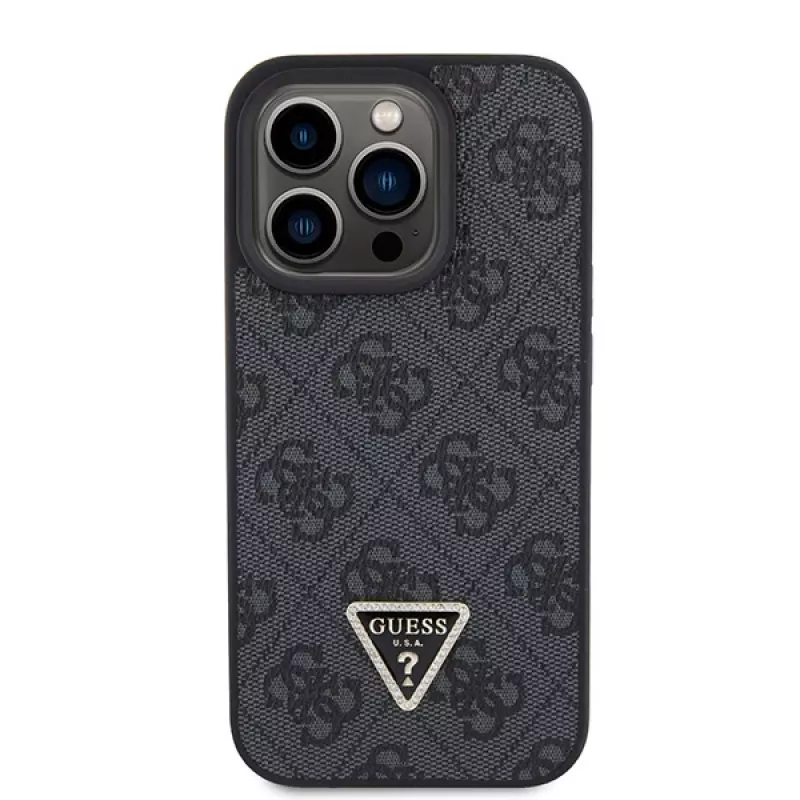 GUESS PU 4G Strass Triangle Metal -kotelo ja hihna iPhone 15 Pro musta