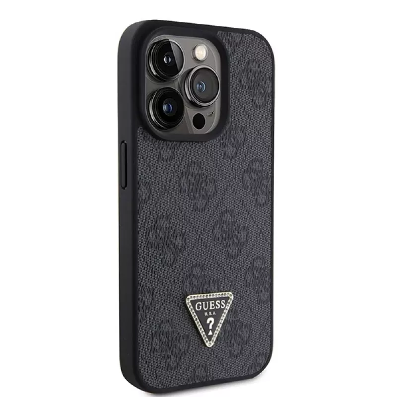 GUESS PU 4G Strass Triangle Metal -kotelo ja hihna iPhone 15 Pro musta