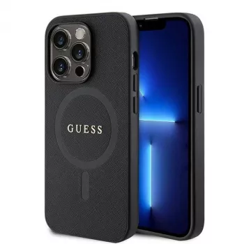 GUESS Saffiano PU MagSafe -kotelo iPhone 15 Pro musta