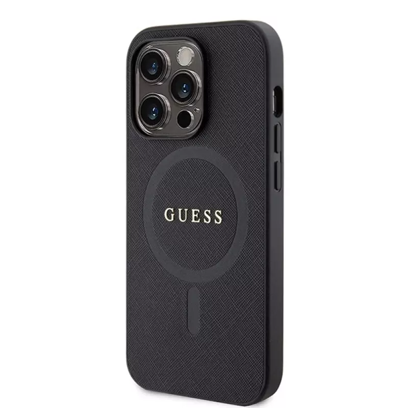 GUESS Saffiano PU MagSafe -kotelo iPhone 15 Pro musta