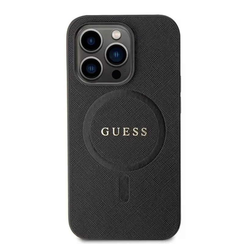 GUESS Saffiano PU MagSafe -kotelo iPhone 15 Pro musta