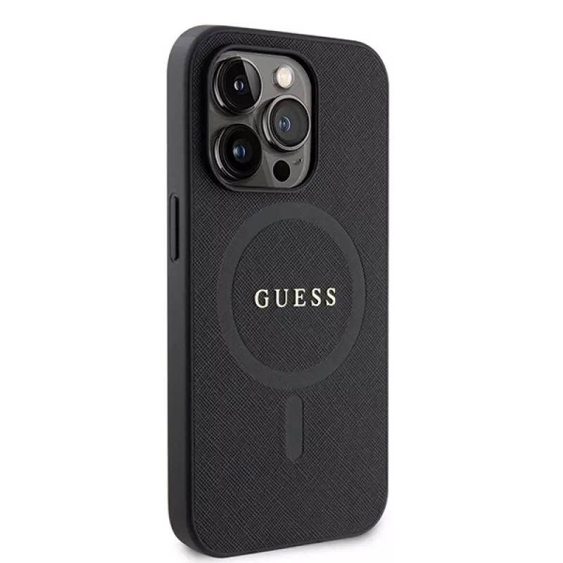 GUESS Saffiano PU MagSafe -kotelo iPhone 15 Pro musta