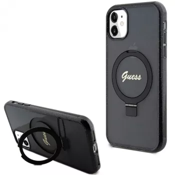 Guess GUHMN61HRSGSK iPhone 11 / XR 6.1 musta kovakotelo rengasteline Script Glitter MagSafe