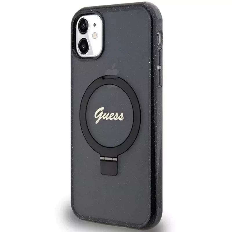 Guess GUHMN61HRSGSK iPhone 11 / XR 6.1 musta kovakotelo rengasteline Script Glitter MagSafe