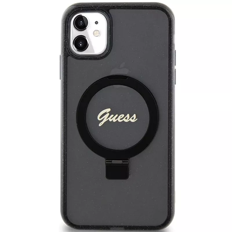 Guess GUHMN61HRSGSK iPhone 11 / XR 6.1 musta kovakotelo rengasteline Script Glitter MagSafe