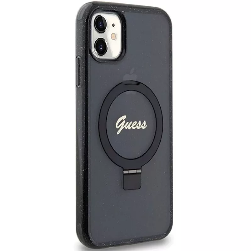 Guess GUHMN61HRSGSK iPhone 11 / XR 6.1 musta kovakotelo rengasteline Script Glitter MagSafe
