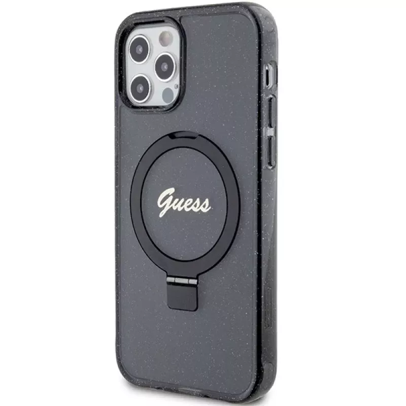 Guess GUHMP12MHRSGSK iPhone 12/12 Pro 6.1 kovakotelo rengasteline Script Glitter MagSafe musta