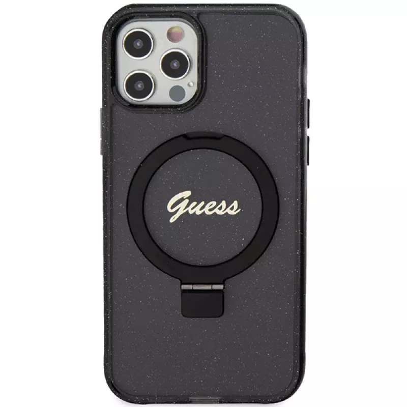 Guess GUHMP12MHRSGSK iPhone 12/12 Pro 6.1 kovakotelo rengasteline Script Glitter MagSafe musta