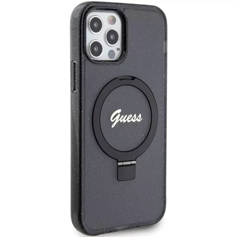 Guess GUHMP12MHRSGSK iPhone 12/12 Pro 6.1 kovakotelo rengasteline Script Glitter MagSafe musta