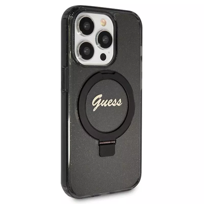 Guess Script Glitter Collection kovakotelo rengasteline MagSafe iPhone 13 Pro / 13 6.1 musta