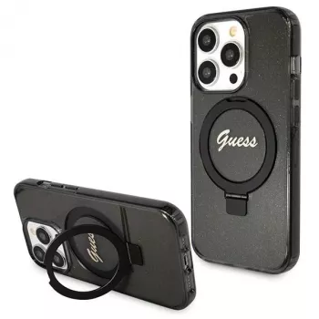 Guess GUHMP14XHRSGSK iPhone 14 Pro Max 6.7 musta kovakotelo rengasteline Script Glitter MagSafe