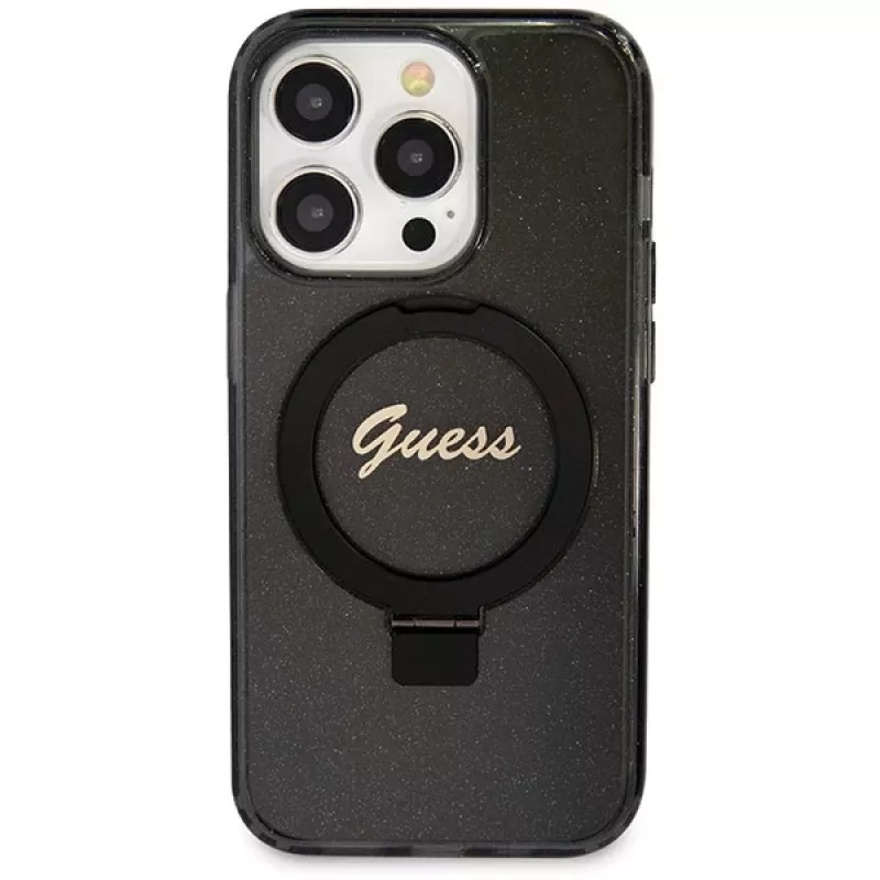 Guess GUHMP14XHRSGSK iPhone 14 Pro Max 6.7 musta kovakotelo rengasteline Script Glitter MagSafe