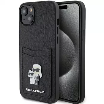 Karl Lagerfeld KLHCP15SSAPKCNPK iPhone 15 / 14 / 13 6.1 musta kovakotelo Saffiano korttipaikka Karl & Choupette metallineula