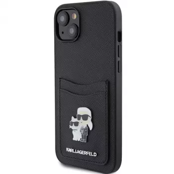 Karl Lagerfeld KLHCP15SSAPKCNPK iPhone 15 / 14 / 13 6.1 musta kovakotelo Saffiano korttipaikka Karl & Choupette metallineula