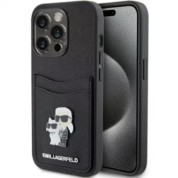 Karl Lagerfeld KLHCP15LSAPKCNPK iPhone 15 Pro 6.1 musta kovakotelo Saffiano korttipaikka Karl & Choupette metallineula