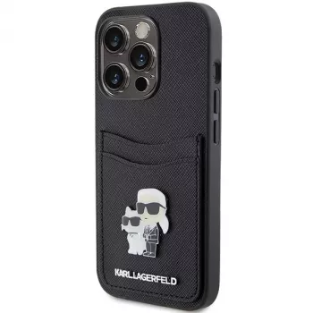 Karl Lagerfeld KLHCP15LSAPKCNPK iPhone 15 Pro 6.1 musta kovakotelo Saffiano korttipaikka Karl & Choupette metallineula