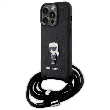 Karl Lagerfeld KLHCP15LSASKNPSK iPhone 15 Pro 6.1 kovakotelo musta Crossbody Saffiano Monogram metallineula Karl & Choupette