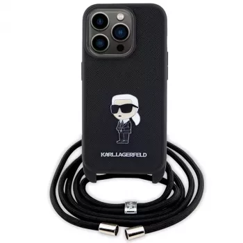 Karl Lagerfeld KLHCP15LSASKNPSK iPhone 15 Pro 6.1 kovakotelo musta Crossbody Saffiano Monogram metallineula Karl & Choupette