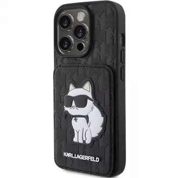 Karl Lagerfeld KLHCP15LSAKCNSCK iPhone 15 Pro 6,1 inch musta hardcase Saffiano korttitasku ja jalusta Monogram Choupette