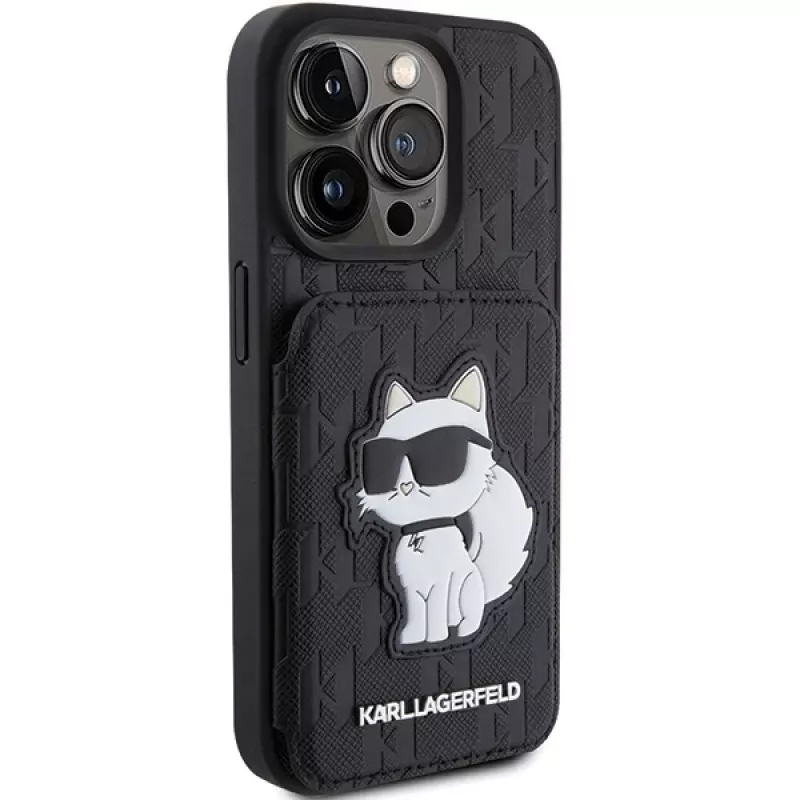 Karl Lagerfeld KLHCP15LSAKCNSCK iPhone 15 Pro 6,1 inch musta hardcase Saffiano korttitasku ja jalusta Monogram Choupette
