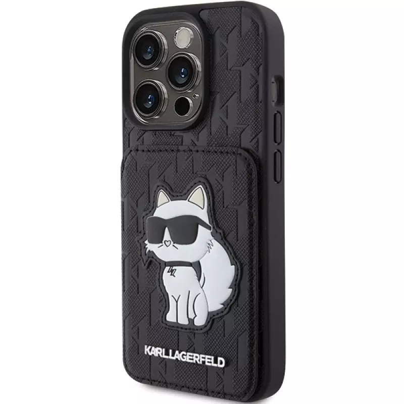 Karl Lagerfeld KLHCP15XSAKCNSCK iPhone 15 Pro Max 6,7 inch musta hardcase Saffiano korttipaikat ja jalusta Monogram Choupette