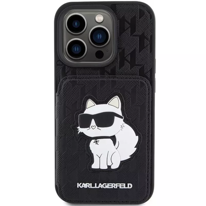 Karl Lagerfeld KLHCP15XSAKCNSCK iPhone 15 Pro Max 6,7 inch musta hardcase Saffiano korttipaikat ja jalusta Monogram Choupette