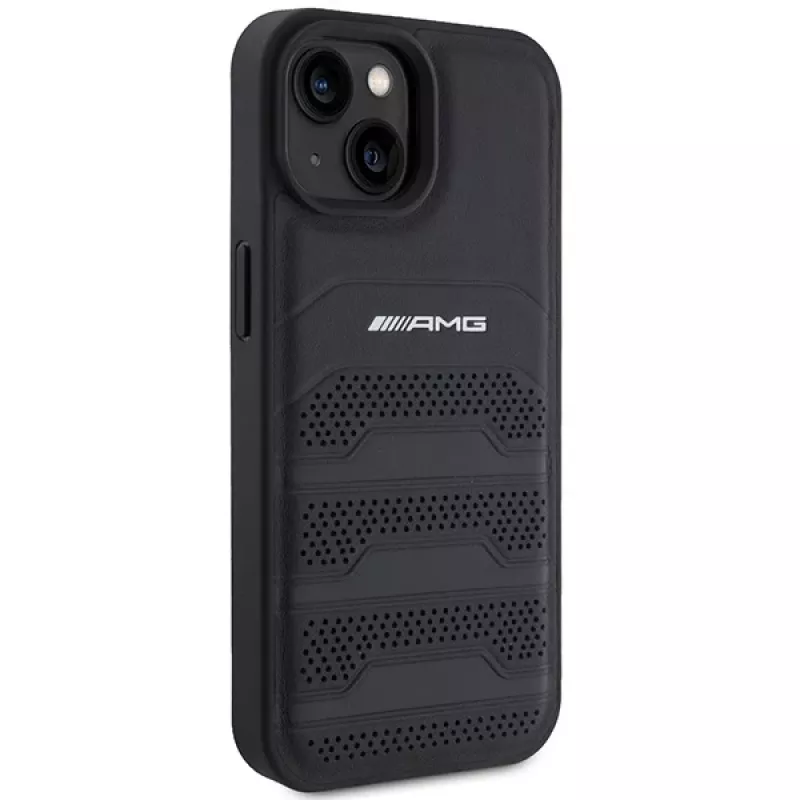 AMG AMHCP15MGSEBK hardcase nahkakotelo kohokuvioiduilla linjoilla iPhone 15 Plus / 14 Plus 6,7