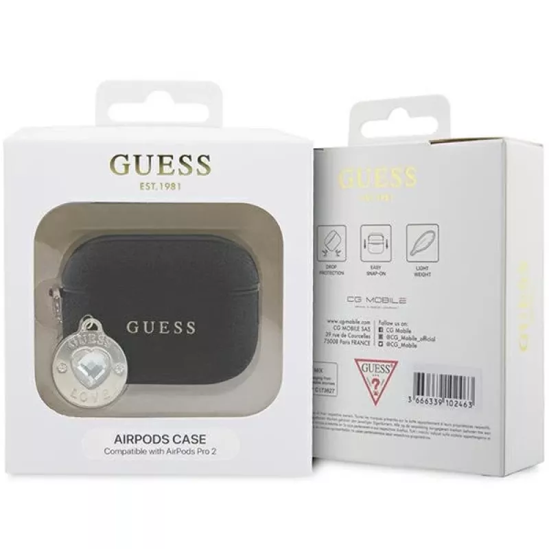 Guess GUAP2PGEHCDK AirPods Pro 2 (2022/2023) kuori musta kiinteä glitter-sydän-timantti-charm