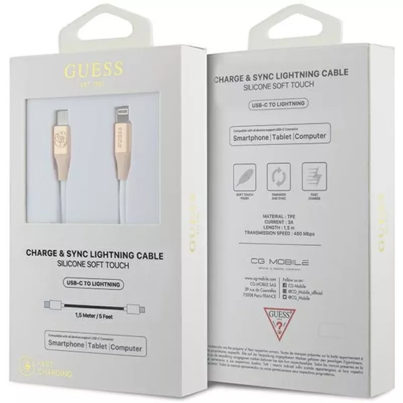 Guess GUCLLALRGDD USB-C - Lightning -kaapeli 1,5 m pikalataus vaaleankulta kohokuvioidulla logolla