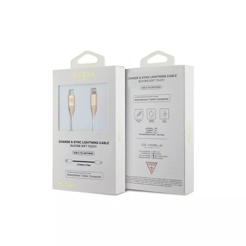 Guess GUCLLALRGDD USB-C - Lightning -kaapeli 1,5 m pikalataus vaaleankulta kohokuvioidulla logolla