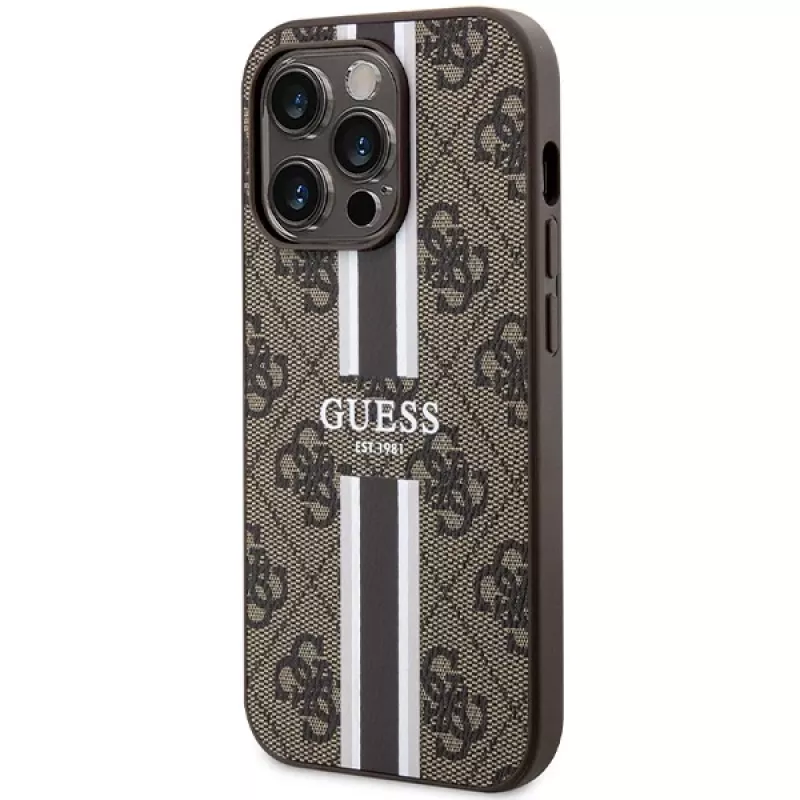 Guess GUHMP15LP4RPSW iPhone 15 Pro 6,1 tuuman hardcase ruskea painetut raidat MagSafe
