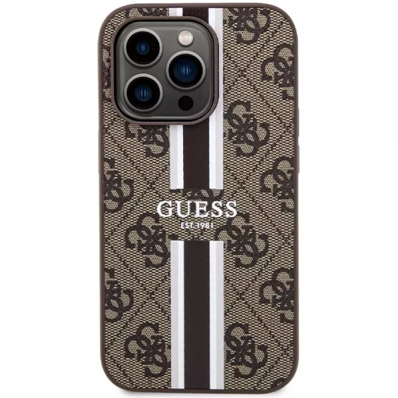Guess GUHMP15LP4RPSW iPhone 15 Pro 6,1 tuuman hardcase ruskea painetut raidat MagSafe