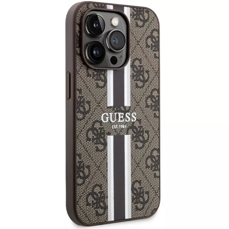 Guess GUHMP15LP4RPSW iPhone 15 Pro 6,1 tuuman hardcase ruskea painetut raidat MagSafe