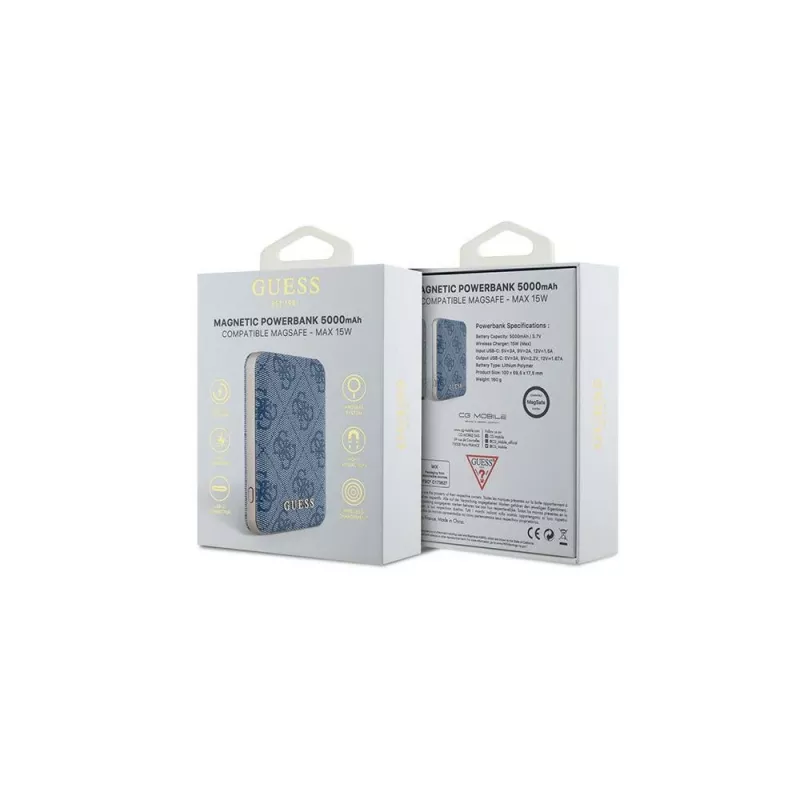 Guess langaton varavirtalähde 5000mAh sininen 4G nahka metallilogo MagSafe 15W