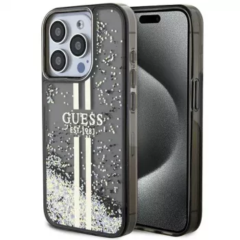 Guess GUHCP15LLFCSEGK iPhone 15 Pro 6.1 Hard Case Liquid Glitter Gold Stripes musta