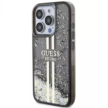 Guess GUHCP15LLFCSEGK iPhone 15 Pro 6.1 Hard Case Liquid Glitter Gold Stripes musta