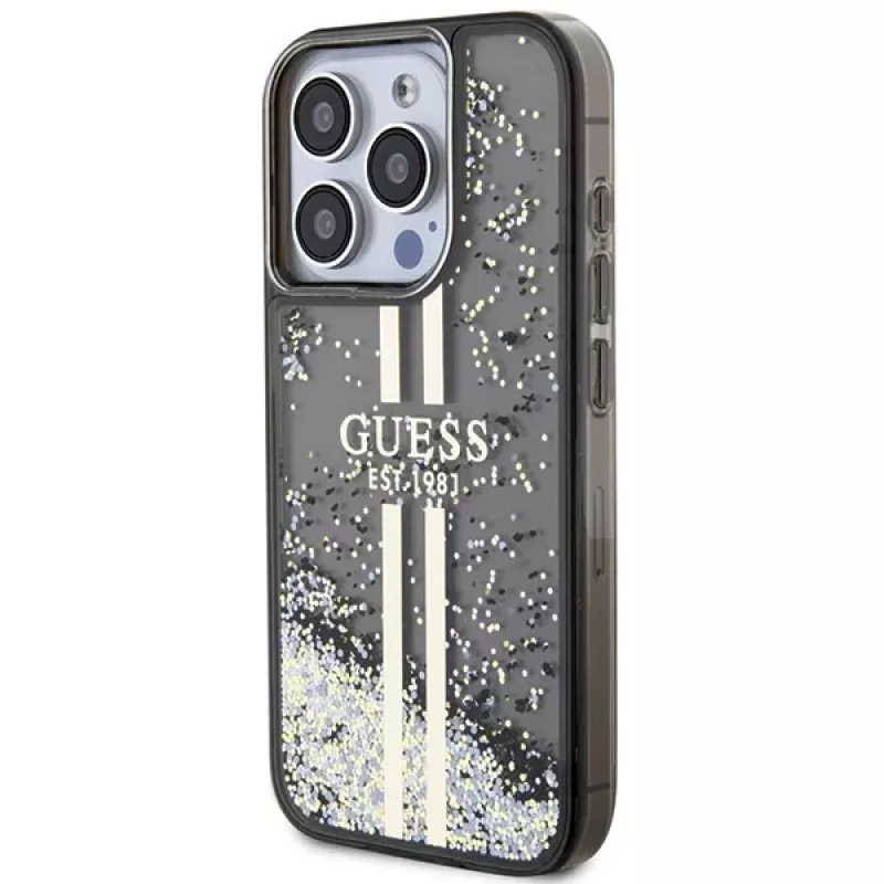 Guess GUHCP15LLFCSEGK iPhone 15 Pro 6.1 Hard Case Liquid Glitter Gold Stripes musta