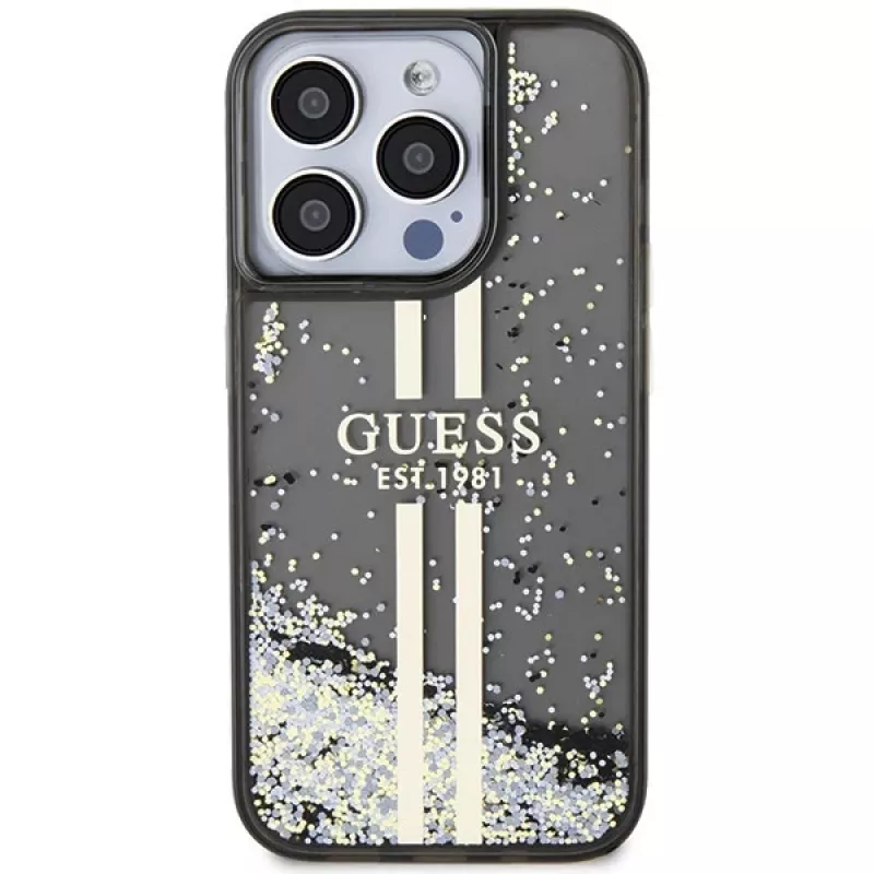 Guess GUHCP15LLFCSEGK iPhone 15 Pro 6.1 Hard Case Liquid Glitter Gold Stripes musta