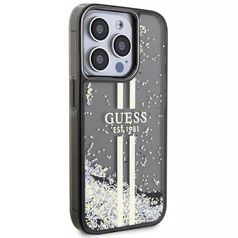 Guess GUHCP15LLFCSEGK iPhone 15 Pro 6.1 Hard Case Liquid Glitter Gold Stripes musta